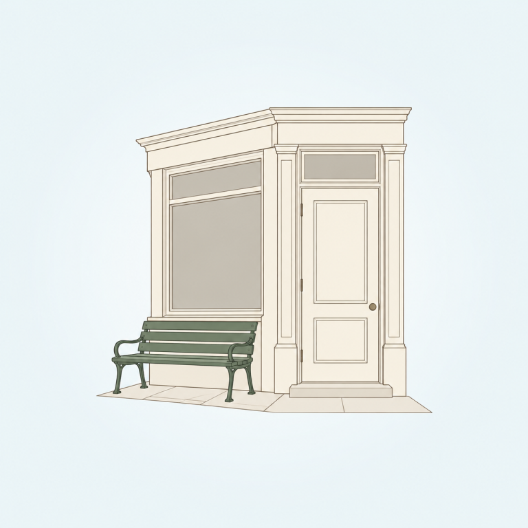 Illustration: Ladeneingang mit Bank als Symbol für Demenz im Alltag