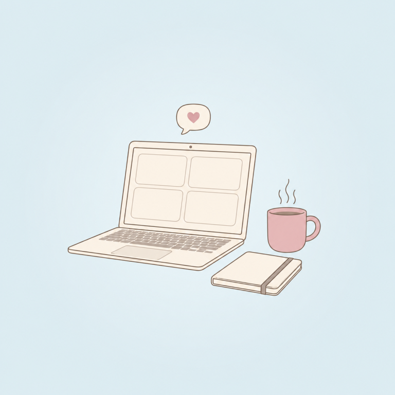 Illustration: Laptop mit Videokonferenz, Tasse und Notizbuch für den DEMENZFOKUS Live-Workshop online